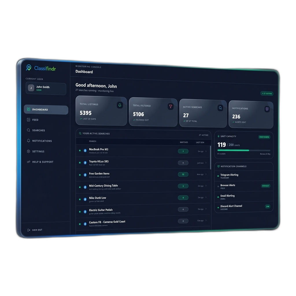 Classifindr filtered marketplace alerts dashboard with match reasons and notification controls