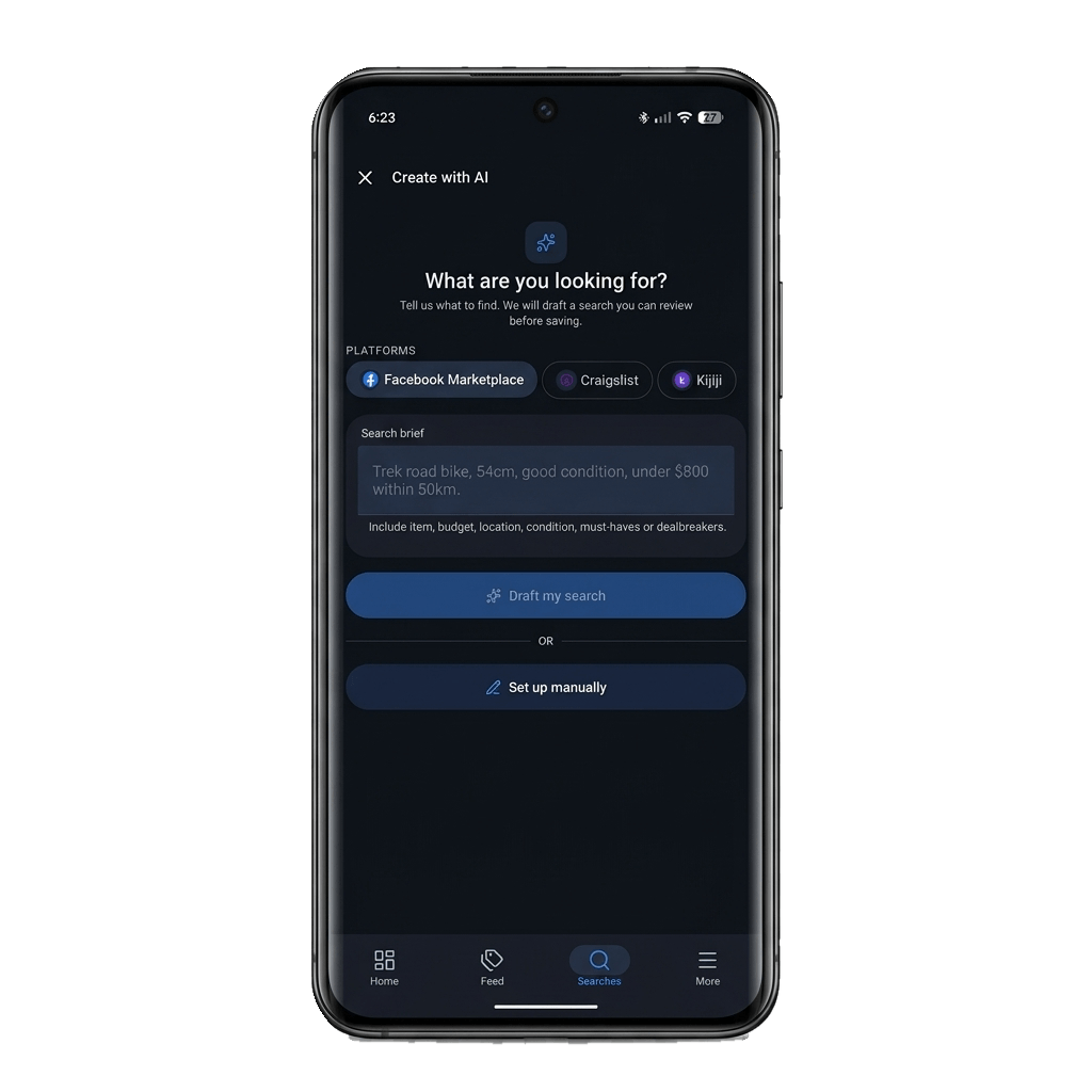 Classifindr Android search setup for an OfferUp local pickup alert